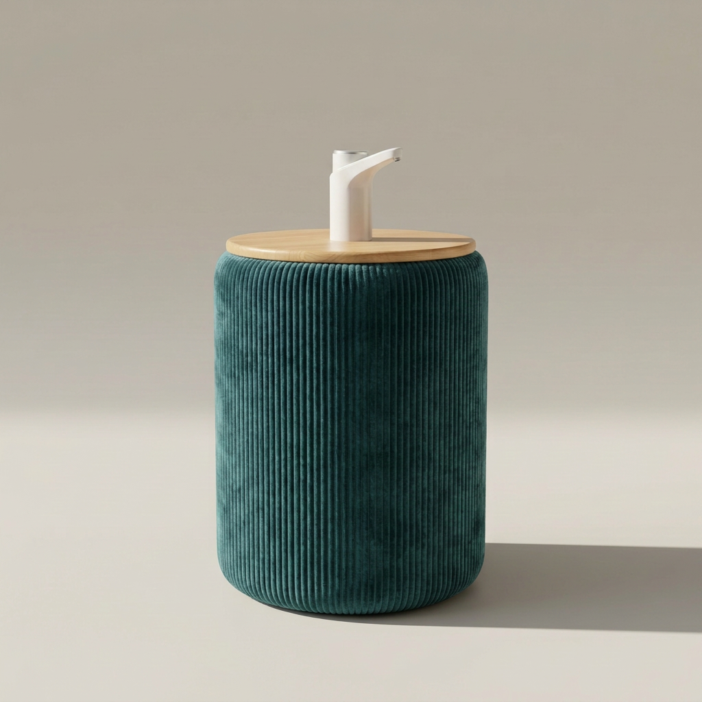 Camu Bosque con tela acanalada felpada, tapa de madera y dispensador blanco sobre fondo de estudio.